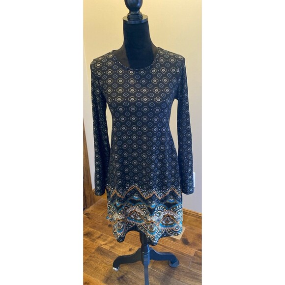 Derek Heart Dress Navy Blue Pattern Paisley Size  Small Long Sleeve 8% Spandex - Picture 1 of 11